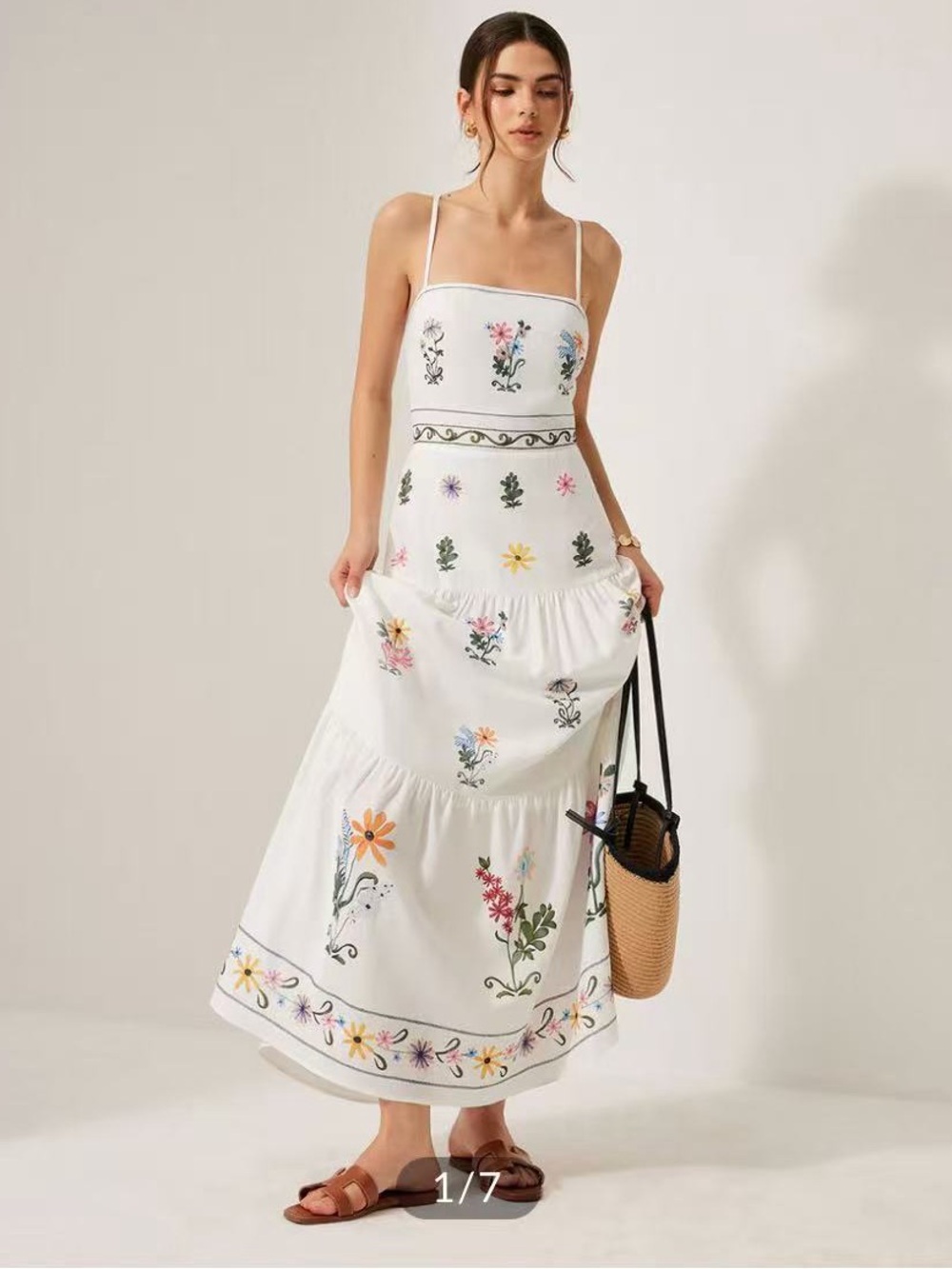 Boho Lace-Up Back Cami Dress - White with Multicolor Floral Embroidery